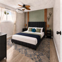Belffin-Black-upholstered-bed-frame-with-nailhead-trim-white-and-green-bedding-matching-nightstands-and-vintage-patterned-area-rug