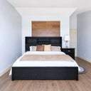 Belffin-Black-wood-bed-frame-with-storage-headboard-white-and-brown-bedding-matching-nightstand-and-wooden-feature-wall