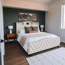 Belffin-Cream-tufted-upholstered-bed-frame-with-storage-headboard-and-built-in-charging-station-in-a-bedroom-with-dark-green-accent-wall