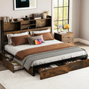 Belffin-rustic-industrial-wooden-bed-frame-storage-bookcase-headboard-carved-pattern-slat-support
