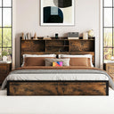 Belffin-rustic-industrial-wooden-bed-frame-storage-bookcase-headboard-carved-pattern-slat-support