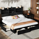 Belffin-rustic-industrial-wooden-bed-frame-storage-bookcase-headboard-carved-pattern-slat-support