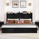 Belffin-rustic-industrial-wooden-bed-frame-storage-bookcase-headboard-carved-pattern-slat-support